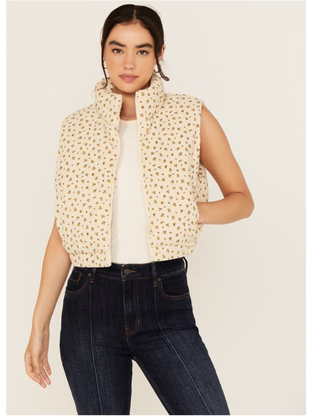 Only by 26 International Floral Corduroy Puffer Vest Cream Size Large